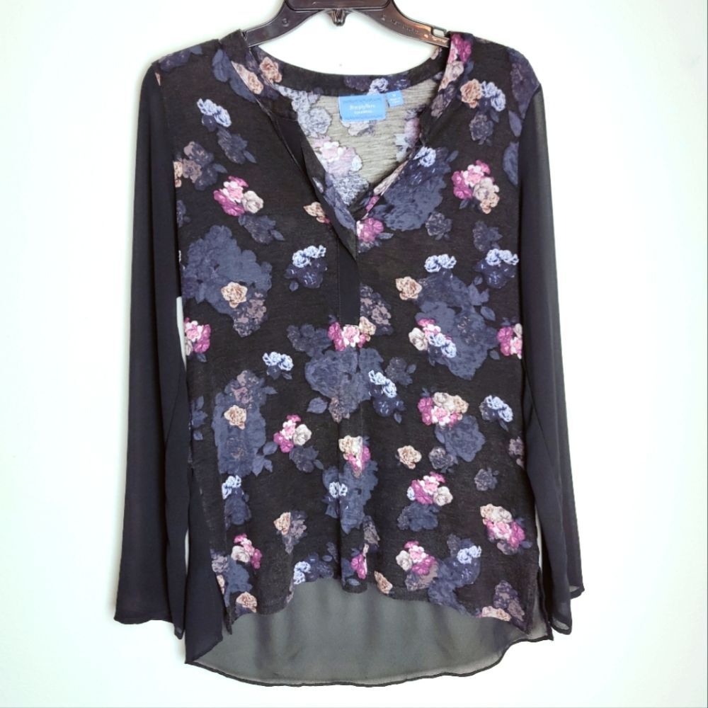 Simply Vera Vera Wang Black Sheer Floral Long Sleeve High Low Blouse, Size M